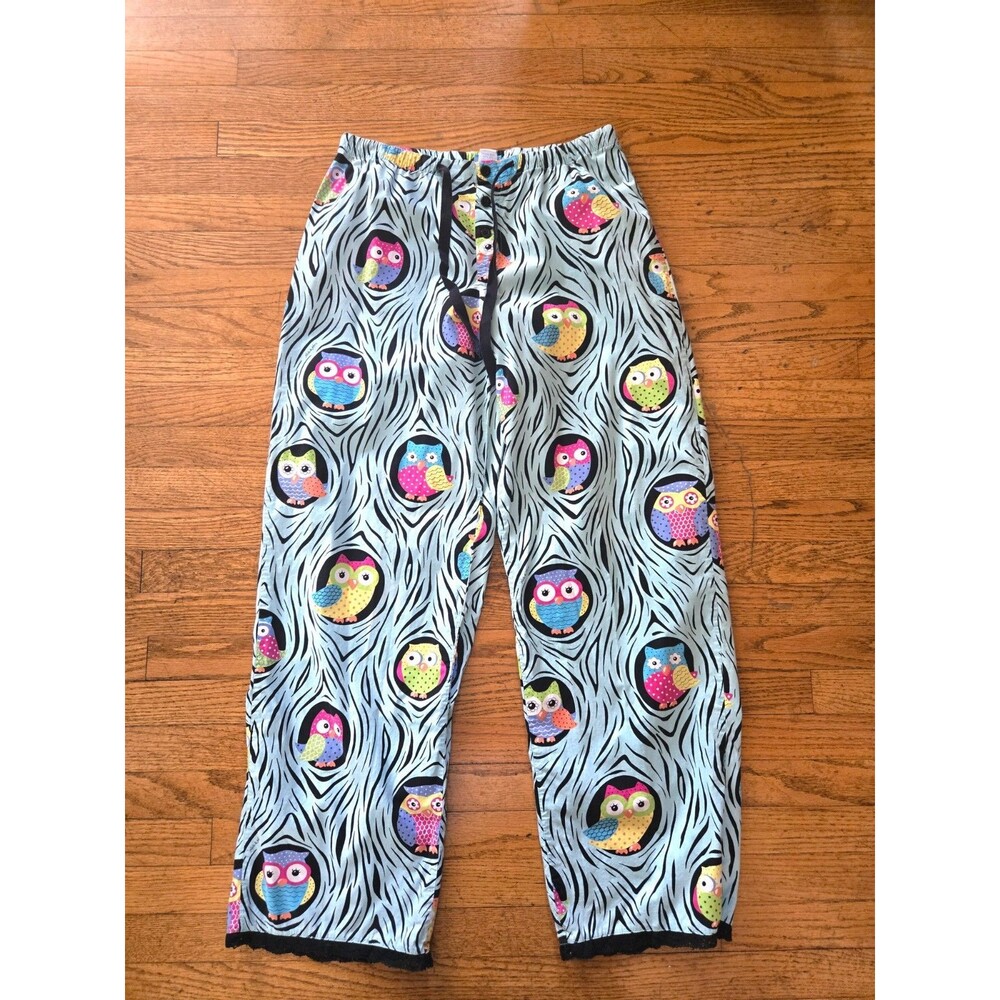 Nick & Nora Owl Print Lace Trim Pajama Pants Women's Small Blue